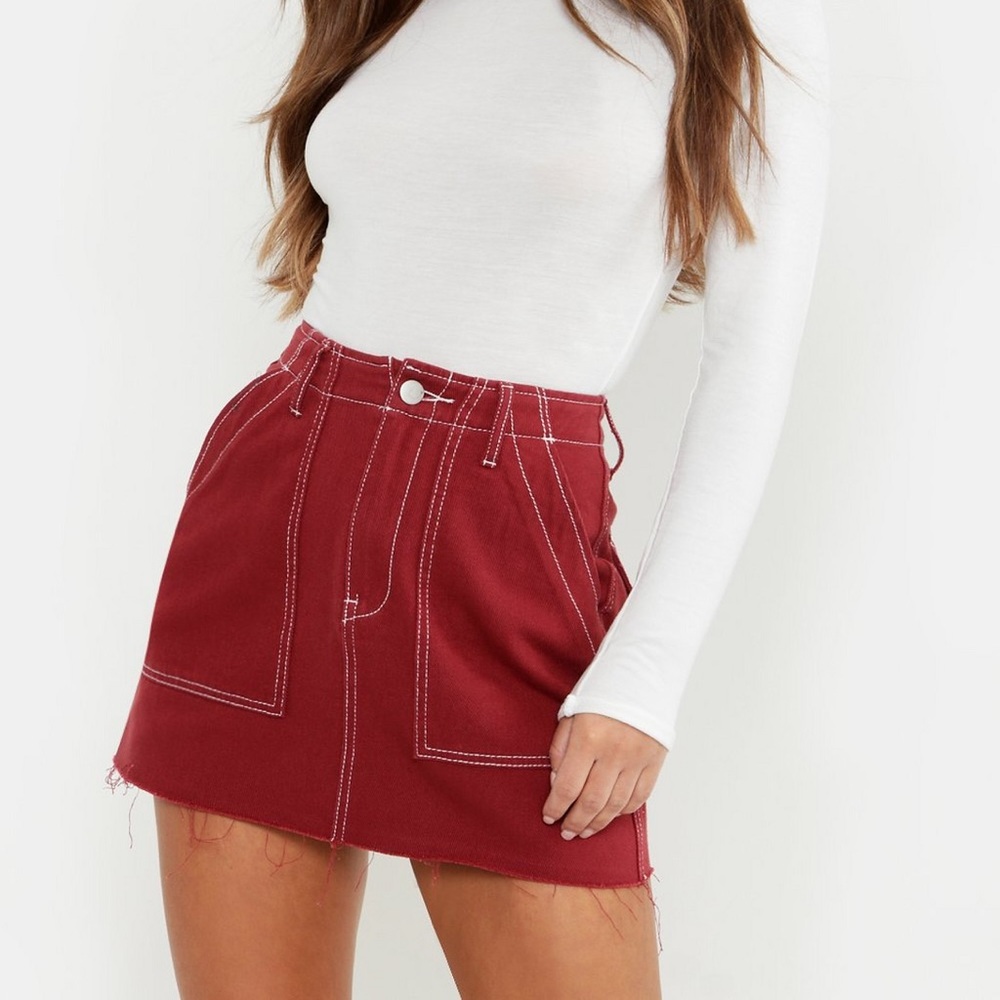 red skirt with contrast white stitching